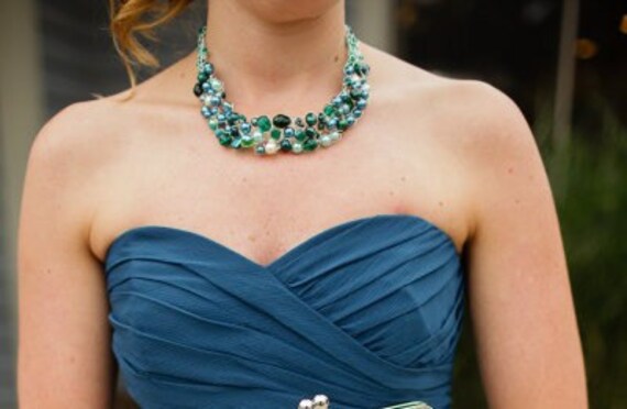 Bridesmaids Peacock Teal Wire Crochet Necklace and Earring Set