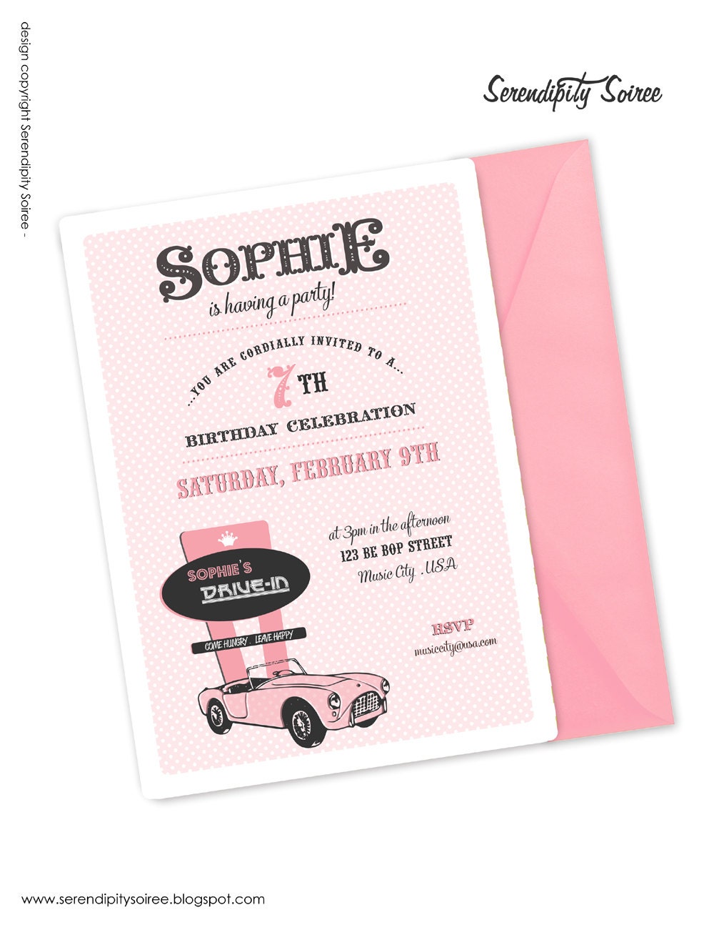 Vintage Drive-in Party (Girls) - Custom Printable Invitation - 50's & 60's Diner, Sock Hop Il_170x135