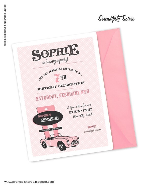 Vintage Drive-in Party (Girls) - Custom Printable Invitation - 50's & 60's Diner, Sock Hop Il_570xn