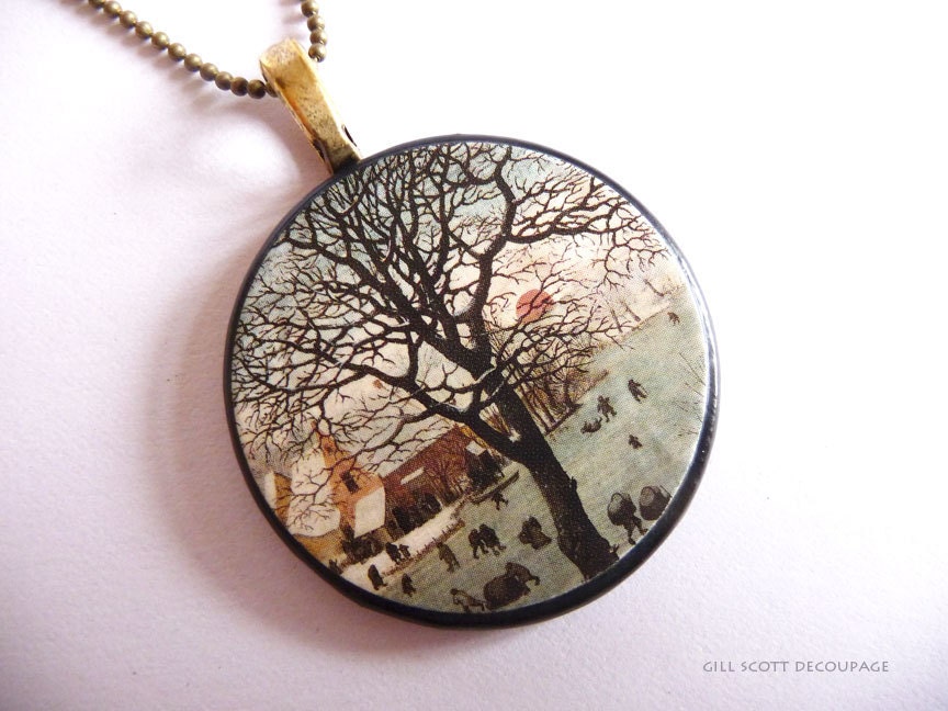 The Tree in a Winter landscape - Bruegel Pendant  -  OOAK - gift wrapped in handmade box