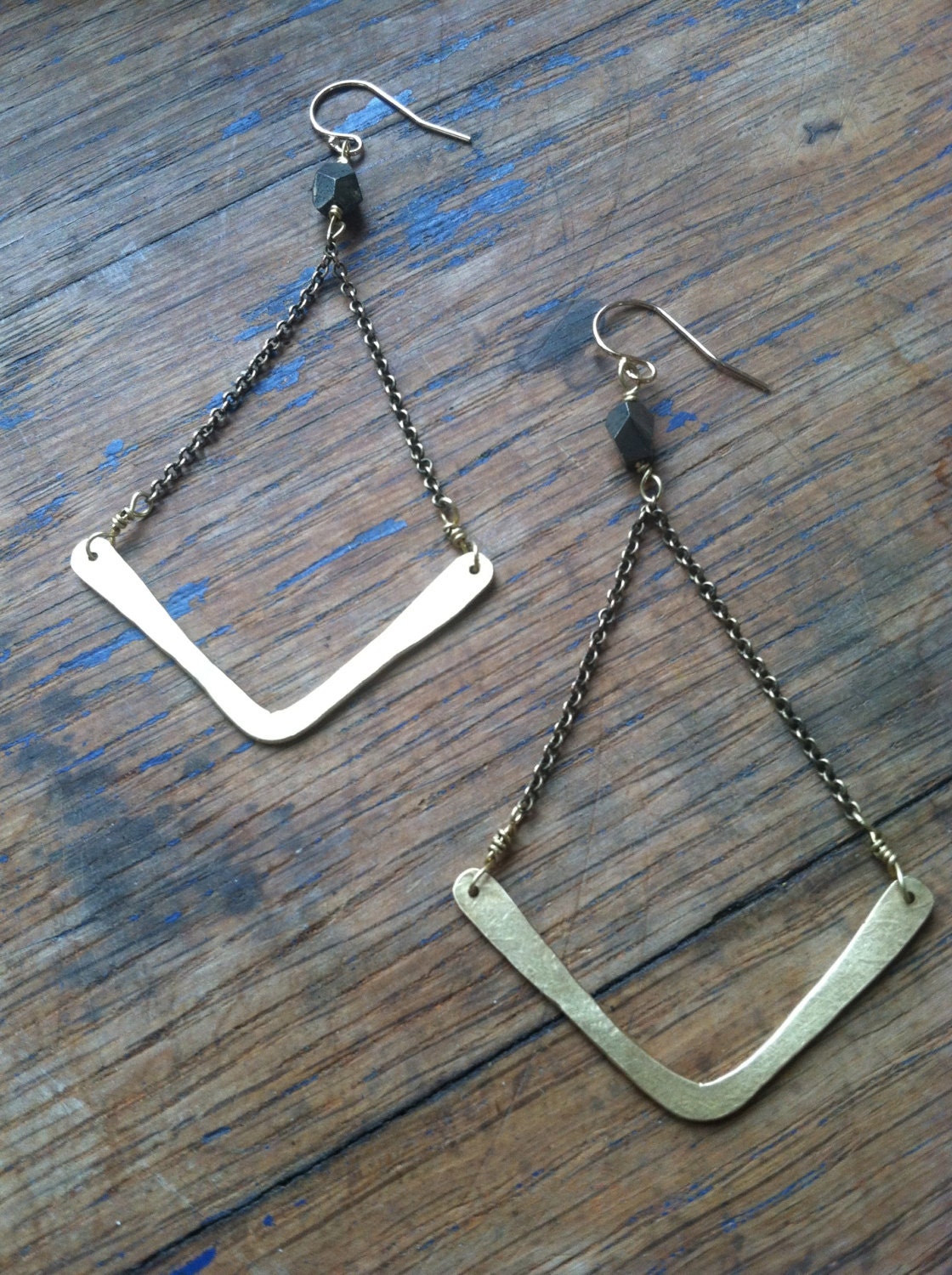 Rustic Hammered Brass Chevron, Pyrite  & chain Earrings