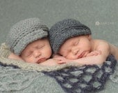 Twin newborn baby girl boy newsboy visor caps for spring photos --- grey neutrals