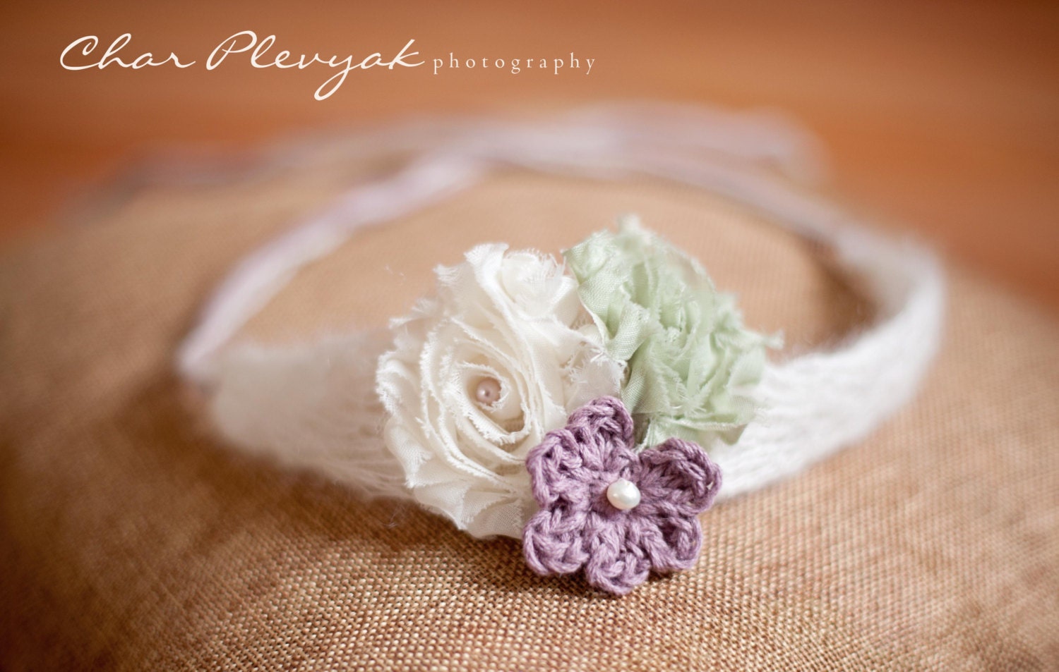 Newborn baby girl mohair headband tieback with three flowers in soft pastel colors for lovely spring photos