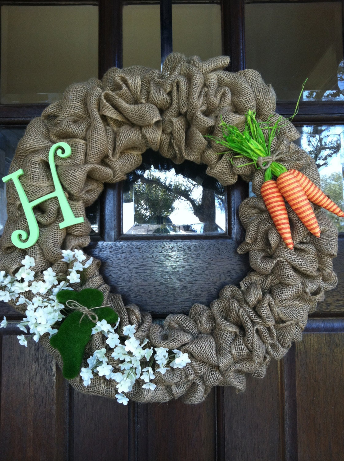 Easter Spring Burlap Rabbit Bunny Carrot Monogram Initial Personalized Wreath 18 inches