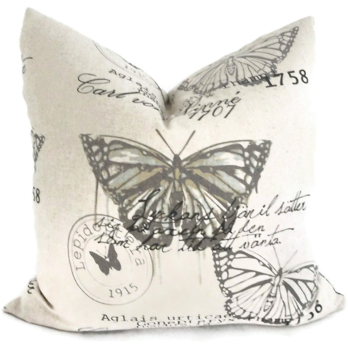 Aqua, Brown and Natural Linen Butterfuly Decorative Pillow Cover 18x18, 20x20, 22x22, or Lumbar Pillow - Accent Pillow, Throw Pillow
