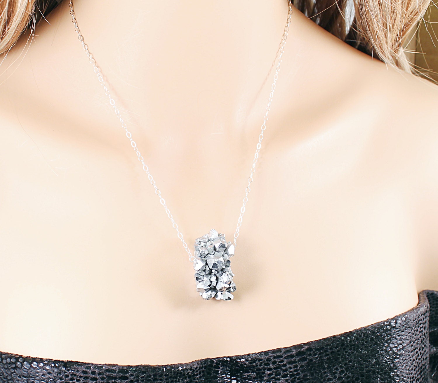 Silver necklace: amethyst druzy necklace titanium necklace drusy pendant, luxury jewelry sparkly gray