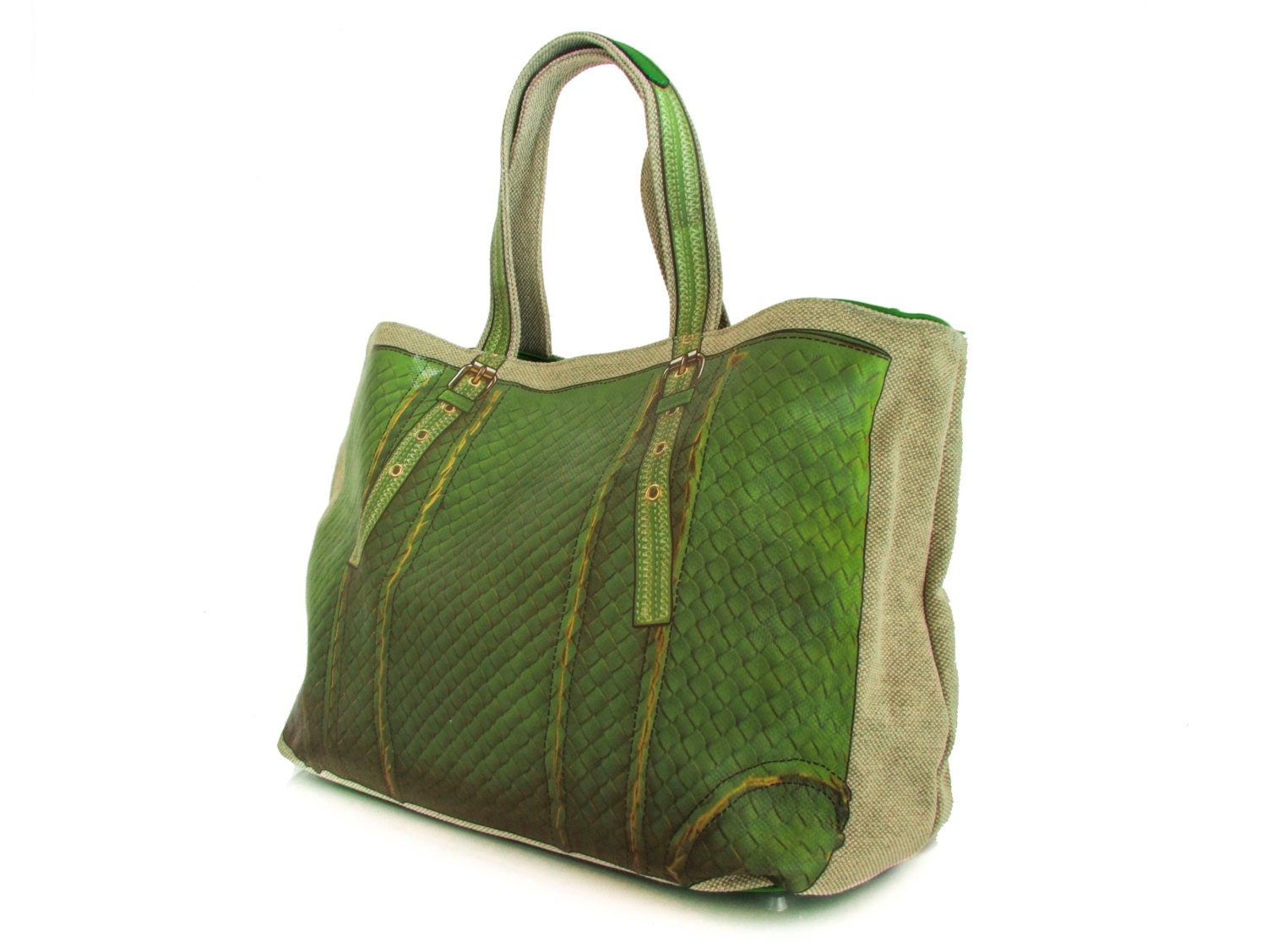 Handmade canvas and vegan leather Spring Bag Tote Green - the Kelyn - 20% launch discount