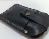 Sleeve case wallet  Handmade black cowhide leather iPhone 4 and 4 S cell phone with pocket card holder white thread OOAK free monogramming