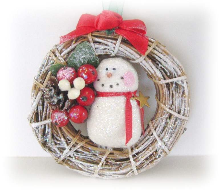 Snowman Ornament in Wreath ONE Christmas Holiday Ornament Primitive Handmade CharlotteStyle DecorativeFolk Art