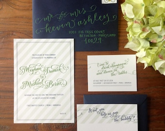 Stripe Calligraphy Wedding Invitation - Custom Design - Letterpress, Flat print, or Digital Files