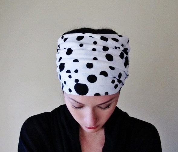 Polka Dot Head Scarf - Black and White Polkadot Hair Wrap, Headband - Womens Neck Bow - Scarf - Hair Accessory