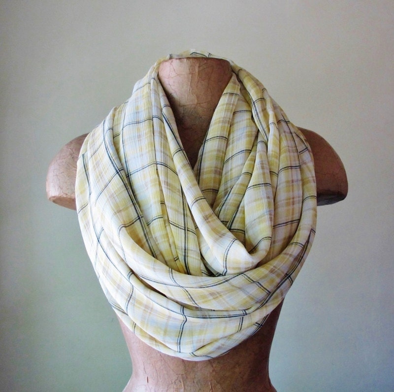 Sheer Infinity Scarf - Plaid Circle Scarf - Chunky Chiffon Loop Scarf - Lightweight Scarf - Yellow Plaid