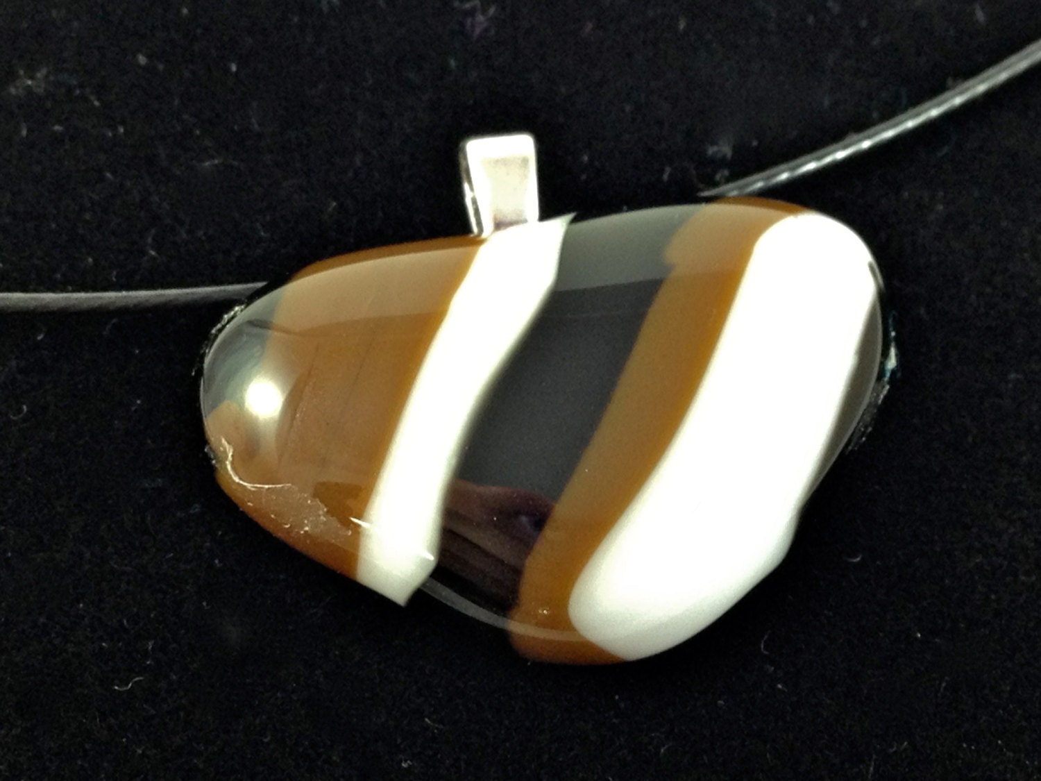 Fused Glass Designer Glass Tribal Pendant Necklace Black Brown White  314
