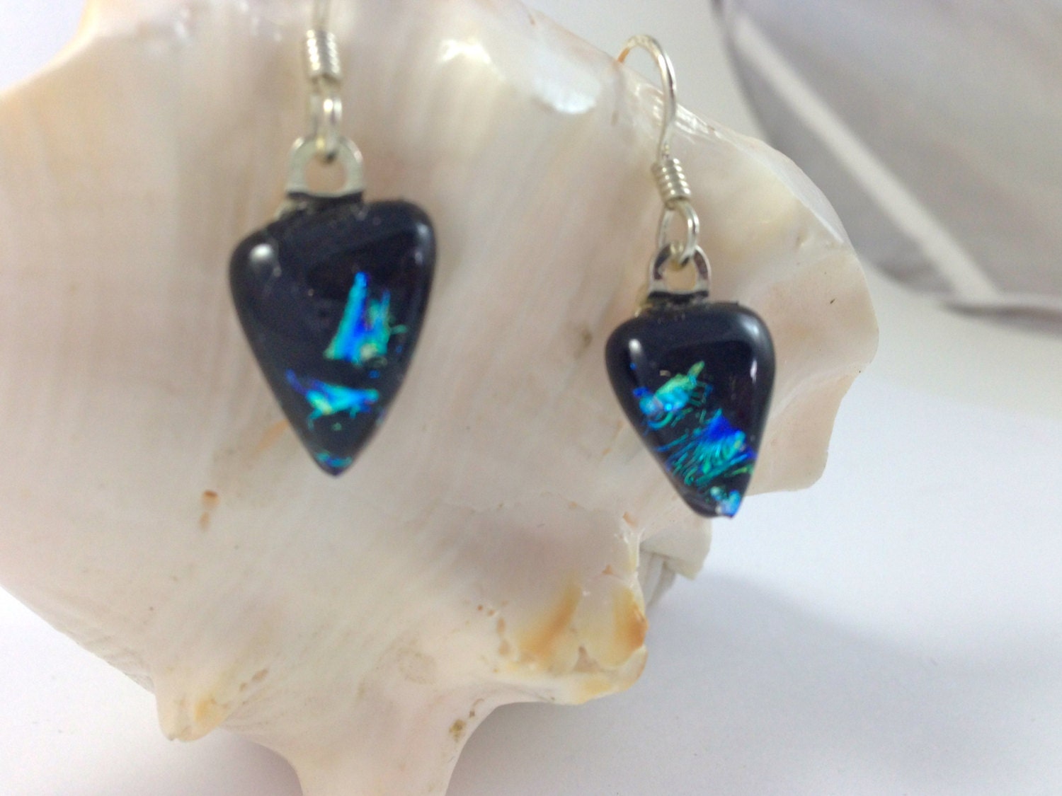 Fused Dichroic Glass  Dangle Earrings  Turquoise Blue Black 078