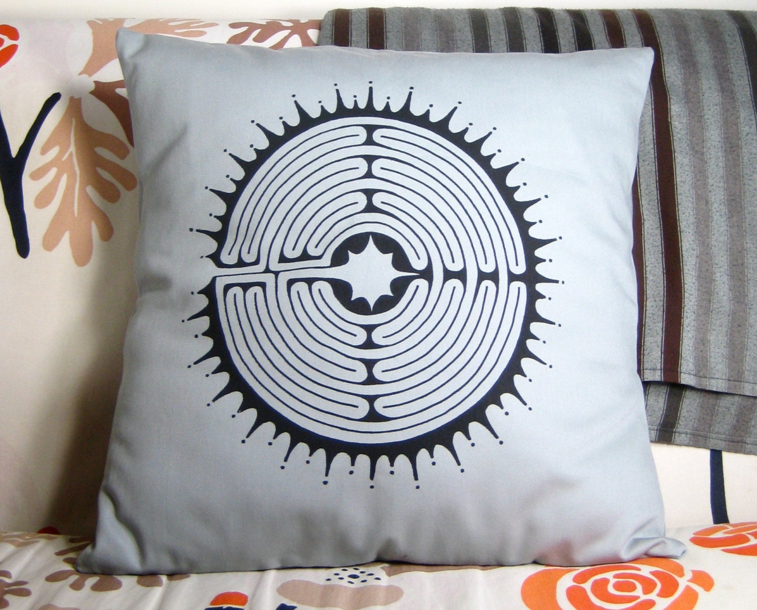 LABYRINTH PILLOWCASE - hand screen printed, meditation, 20x20, solid gray, eco friendly, labyrinth print, mandala print, modern home, grey
