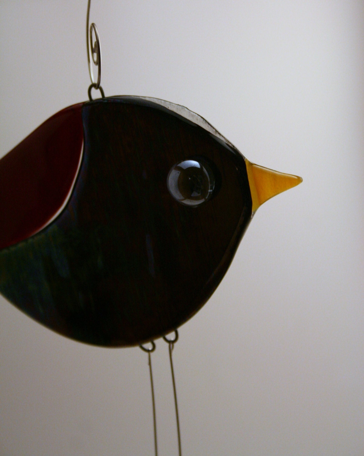 Red Winged Blackbird Fused Glass Crow Raven Bird Ornament Suncatcher with Swingy Legs