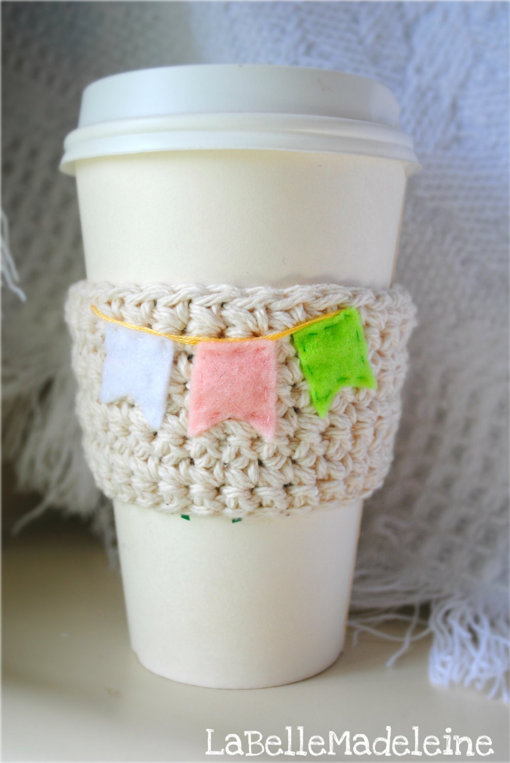 Bunting banner cup cozy, coffee sleeve, sweet pastel colors, pink white green