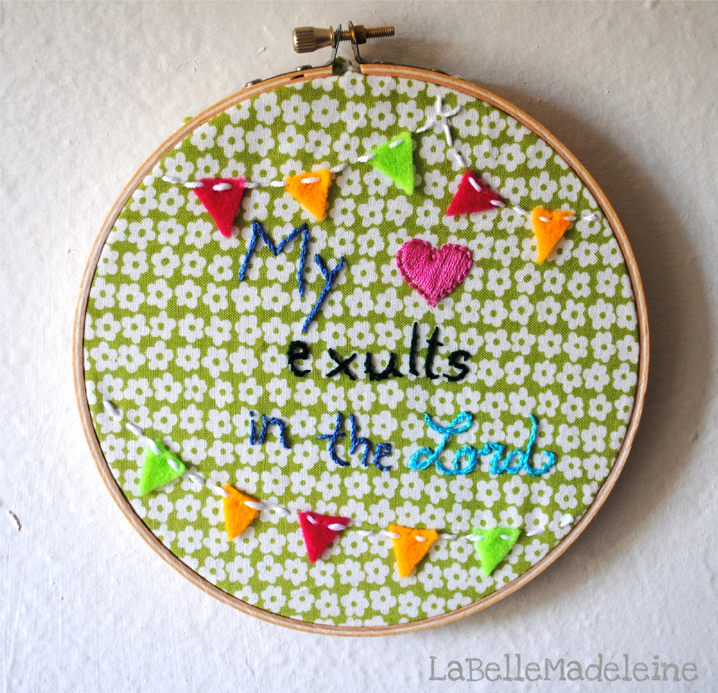 Embroidery hoop, colorful, bunting banner, religious verse
