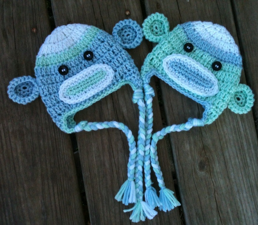 Baby Child BOYS Crochet Sock MONKEY Green Blue White Earflap Hat With Braids -- Sizes: Newborn to 10yrs-- Adorable Photo Prop