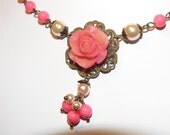 Coral Necklace -Rose Beaded Chain Pink Coral Victorian Romantic Floral Necklace