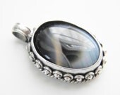 Large Vintage Sterling Blue Black Art Glass Pendant 70s