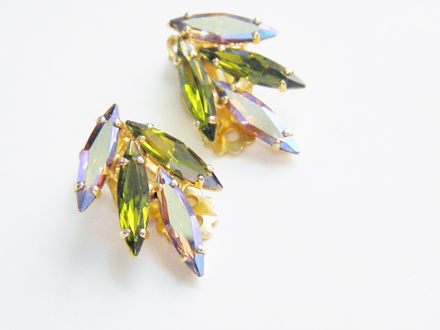 Vintage Juliana Olive Green Blue Rhinestone Earrings
