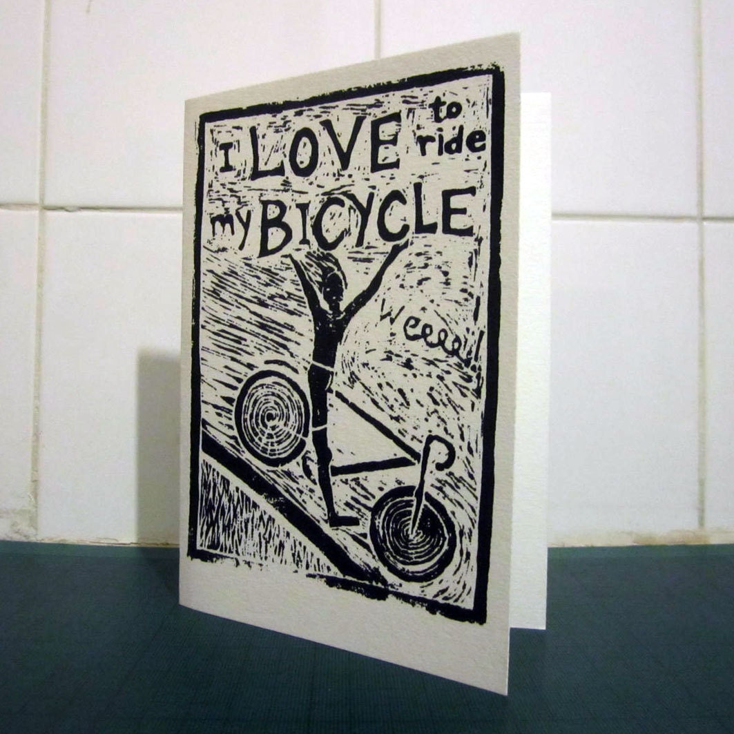 I love to ride my bicycle. Screen printed card