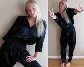 1980's Vintage Catsuit - Black Satin - Dolman Sleeves 3/4 Sleeves by En Focus