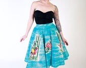 1950s Vintage Skirt...Spring Fashion Bright Turquoise Hand Painted 50s Mexican Circle Skirt with Women Riding Burros Size Small