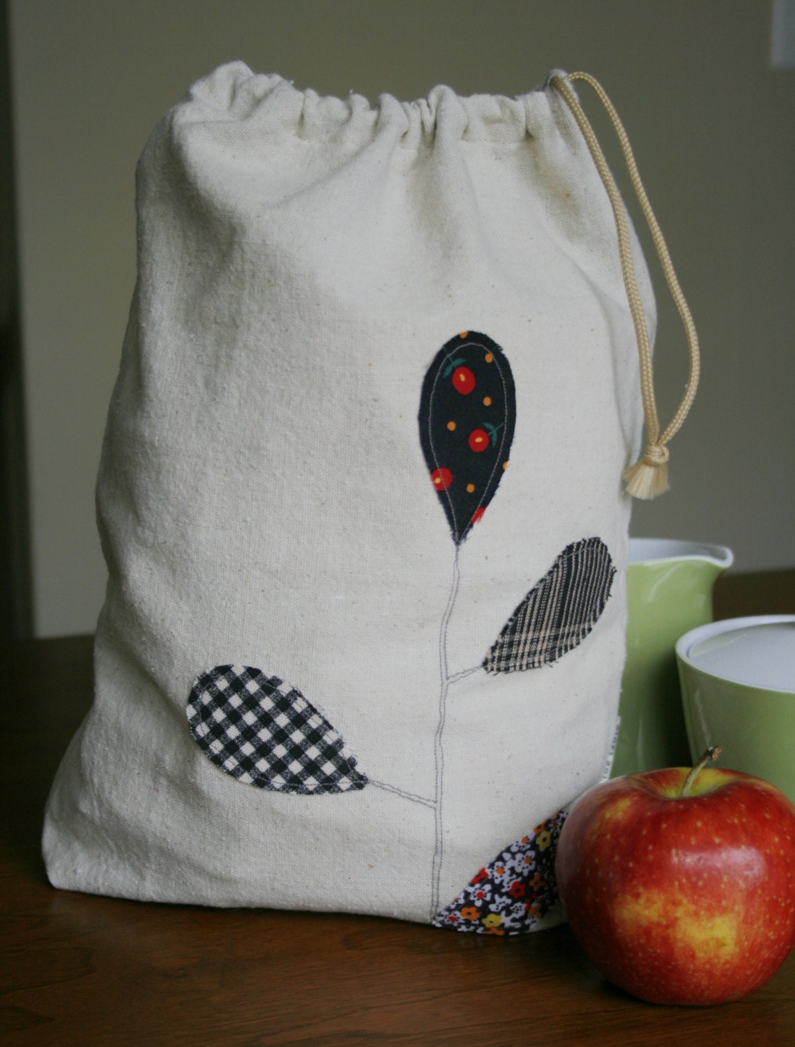 cotton produce/storage bag in red & black leaves