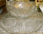 HUGE EXQUISITE Antique Slewed Horseshoe Punch Bowl & Underplate EAPG Glass Co. 1908
