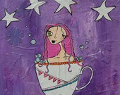 Lady in a Teacup.....Original Mixed Media Painting.....Upcycled Wooden Wall Hanging...Wall Art...Whimsical