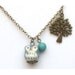 Antiqued Brass Tree  Turquoise Porcelain Owl Necklace