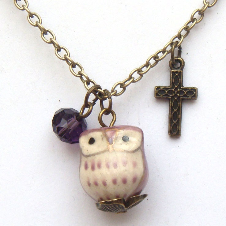 Antiqued Brass Cross Quartz Porcelain Owl Necklace