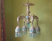 Chandelier Lighting, Silver Gilt and Auqua Crystal