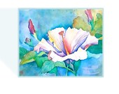 Floral Watercolor Print Hibiscus floral blue pink green yellow purple lavender scarlet lake red mauve 8.5 x 11 more sizes under 40 dollars