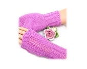 Fingerless Gloves Lady Slipper Pink Texting Mitts soft wool fine weight not bulky lace knit pattern lace trim option CUSTOM ORDER