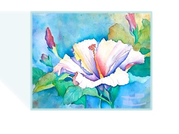 Floral Watercolor Print Hibiscus floral blue pink green yellow purple lavender scarlet lake red mauve 8.5 x 11 more sizes under 40 dollars