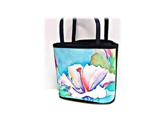 Handbag Tote bag Watercolor Hibiscus Custom Order blue turquoise white green yellow red purple mauve rainbow water resistant microfiber