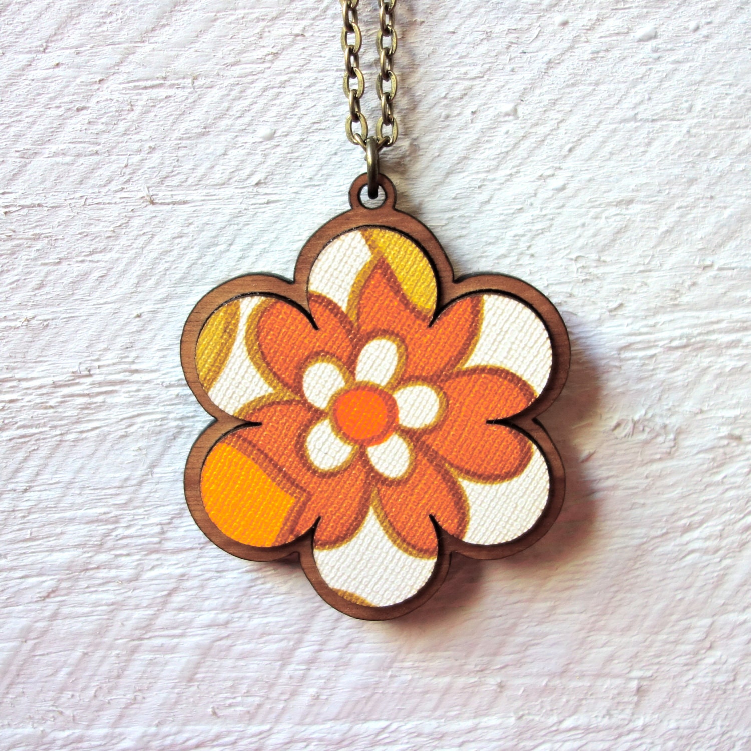 Vintage Wallpaper Flower Pendant - Sunny Orange Daisy 2 - One Of A Kind