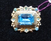Coro Brooch Vintage Designer Aqua Blue Topaz Rhinestones, Flirty Floral Setting, 1940's Wedding  Jewelry