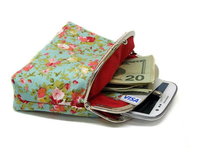 Wallet - Coin Purse with cards slot - Clutch Purse - Mint Green with Red - Double Pockets - Silver Frame