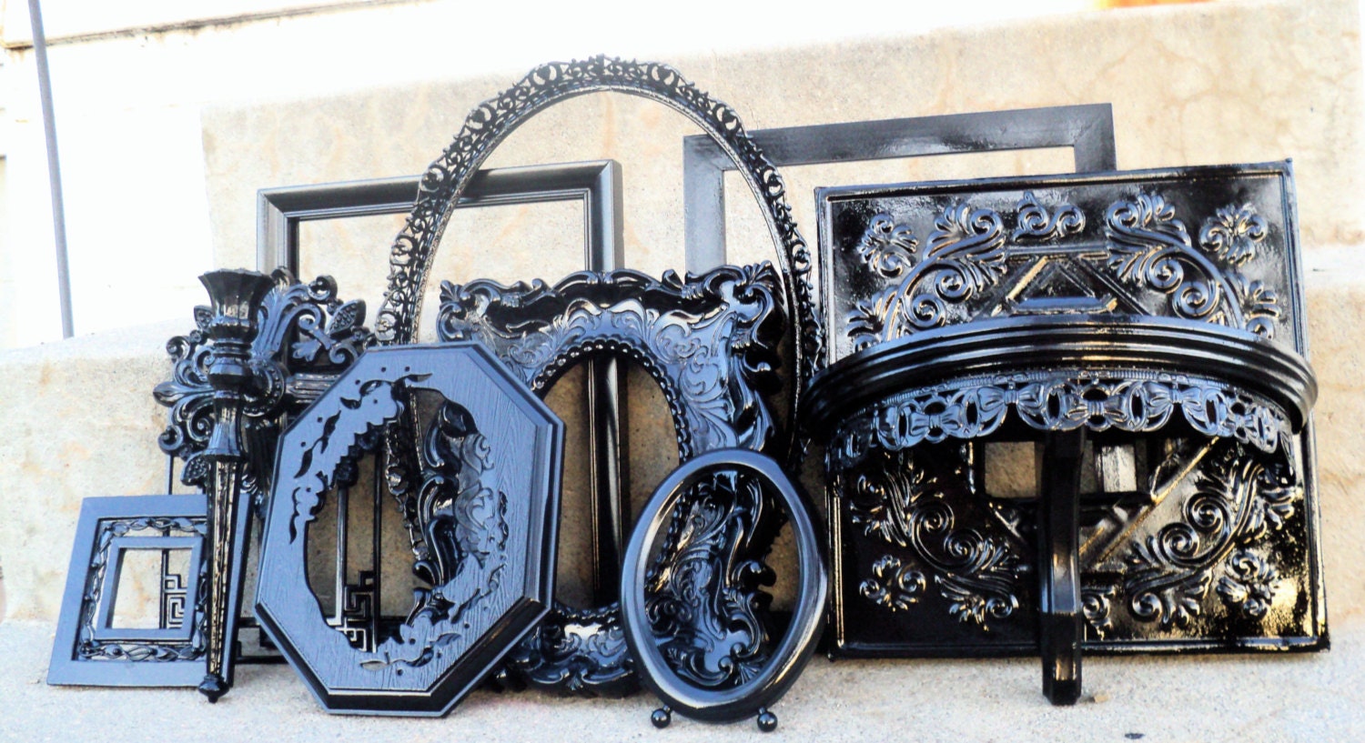Large Black Picture Frame Set with Mirror Shelf Sconce Vintage Ornate