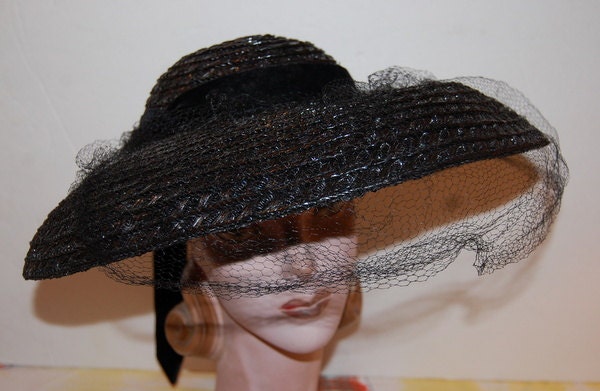 Vintage 40's Black Straw Wide Brim Hat with Veil by Jean Hall Film Noir Vixen