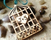 Birdcage Custom Gift Tag Ornament with Carved Initials - Rustic Wedding Favor or Bridal Shower gift Tag Boyfriend & Girlfriend Gift