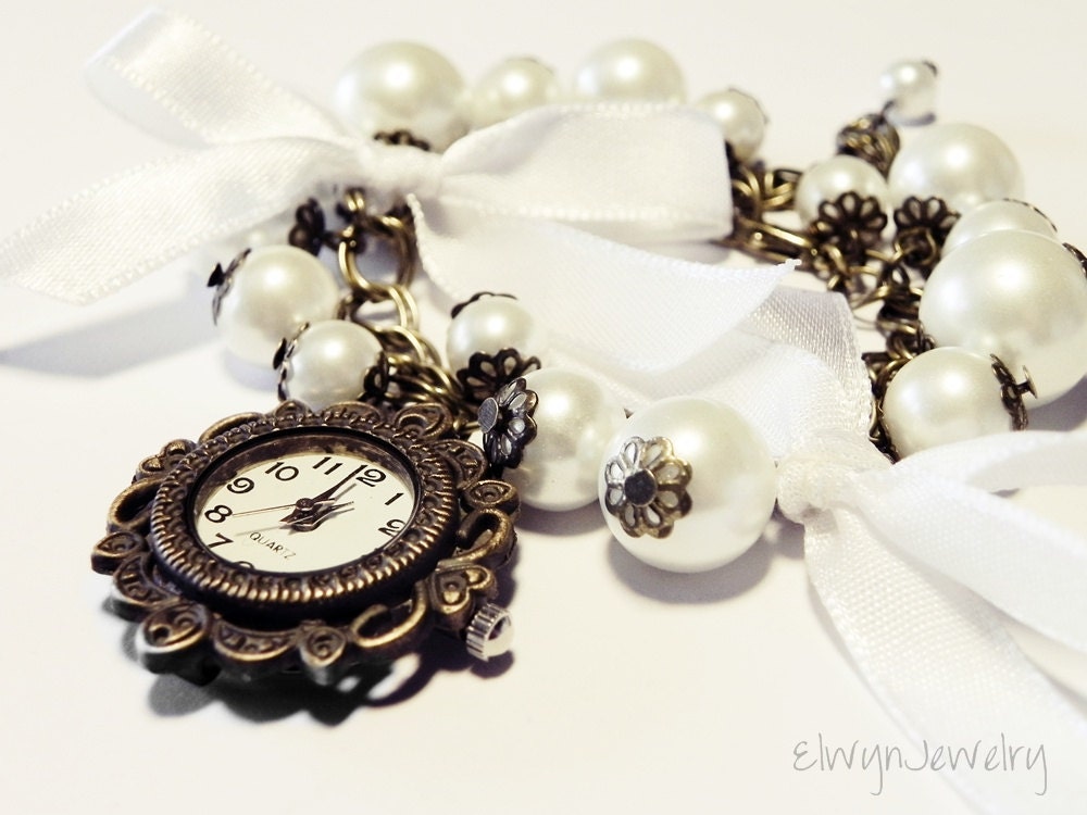 White Pearl Watch Bracelet, Bridesmaid, Wedding, Bridal, Bronze Watch