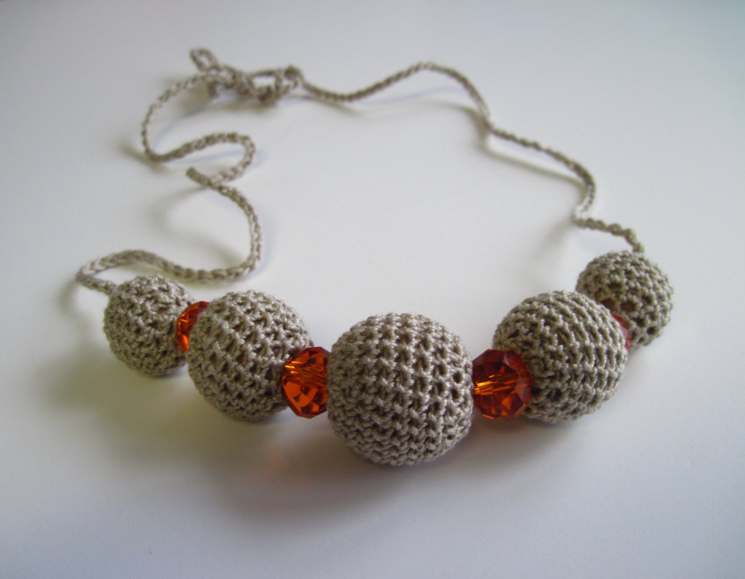 Crochet Covered Bead Necklace - Linen Taupe and Orange