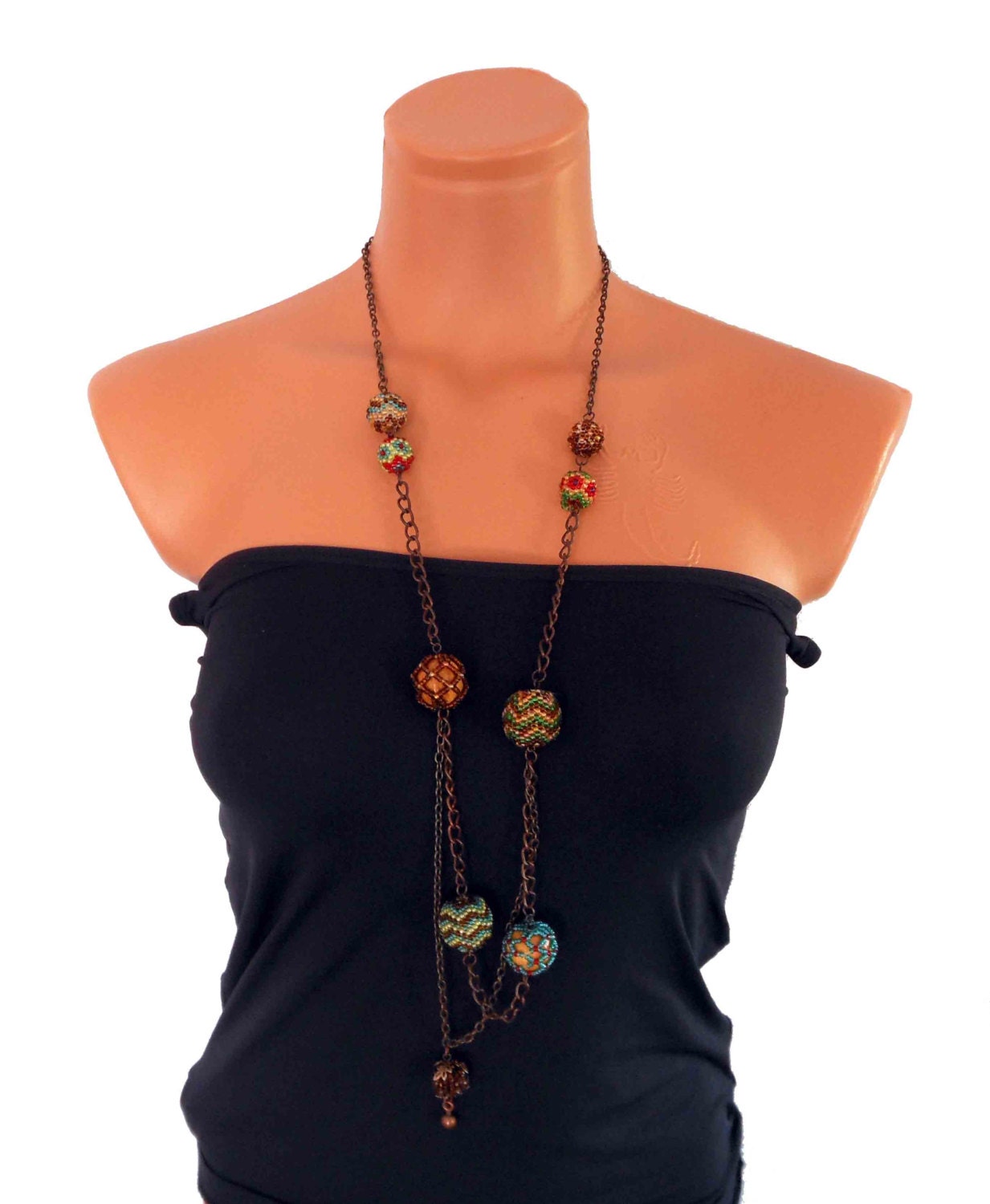 Beaded & Chain Necklace, Blue, Red, Green, Bead on Bead, Free shipping