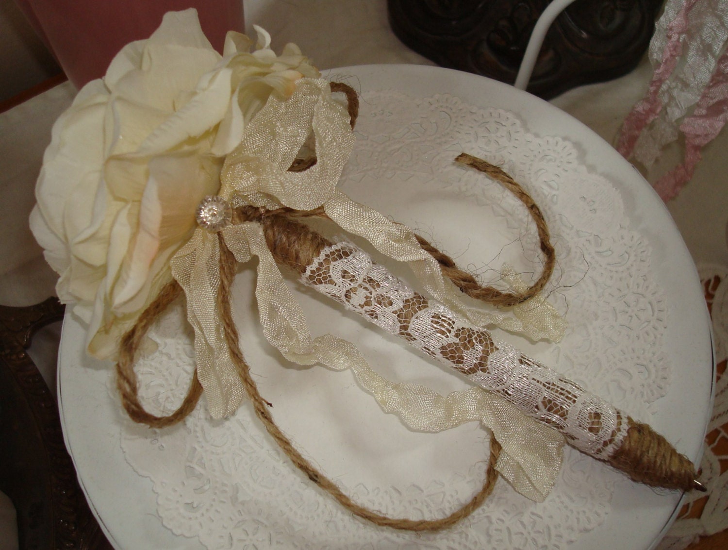 Flower pen-rose guest book pen-wedding flower pen-jute wrapped pen-black ink-vintage rustic wedding-shabby chic.