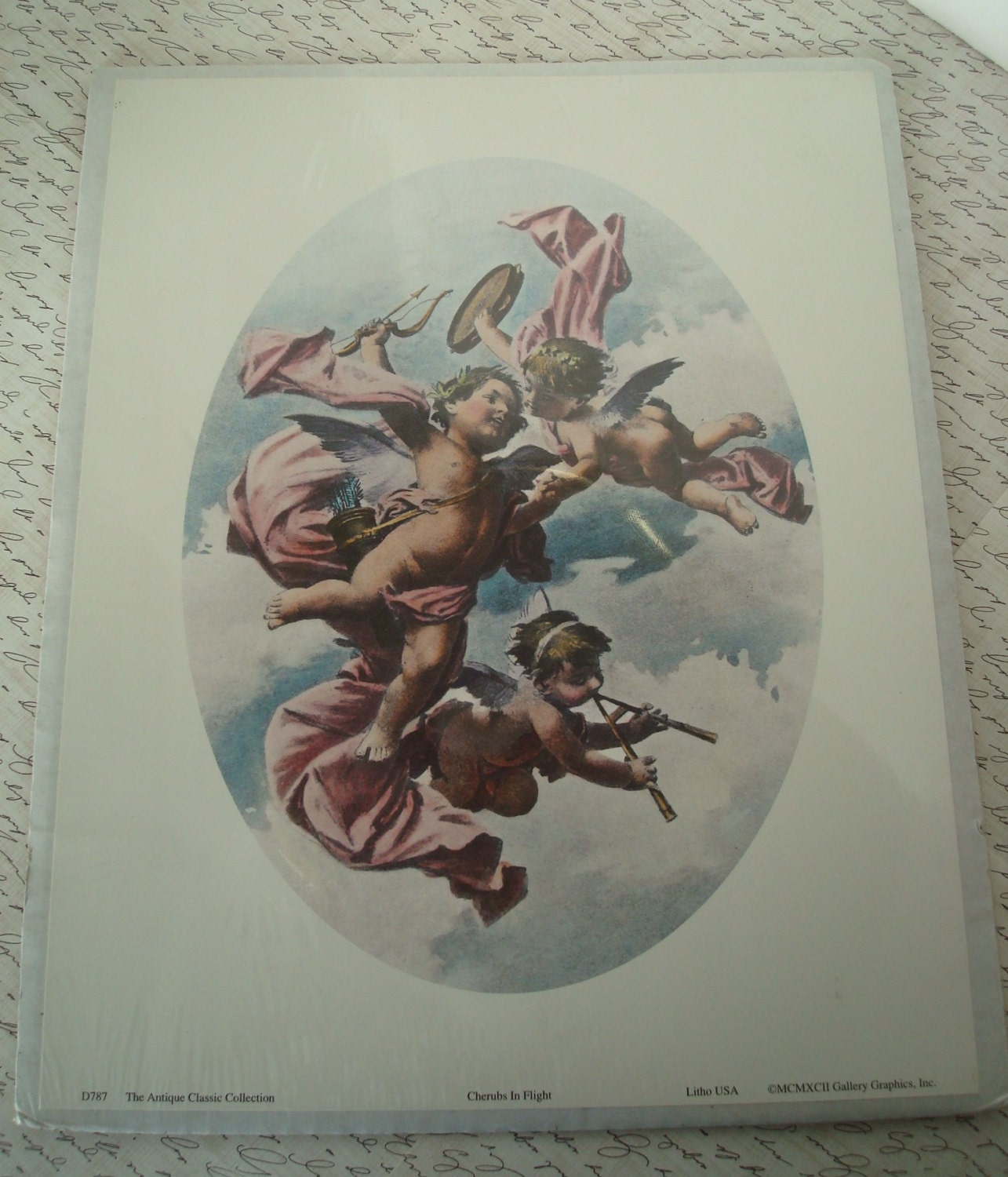 Cherubs in Flight print-cherub picture-cherubs-heavenly-oval picture-shabby chic-French-Victorian picture.